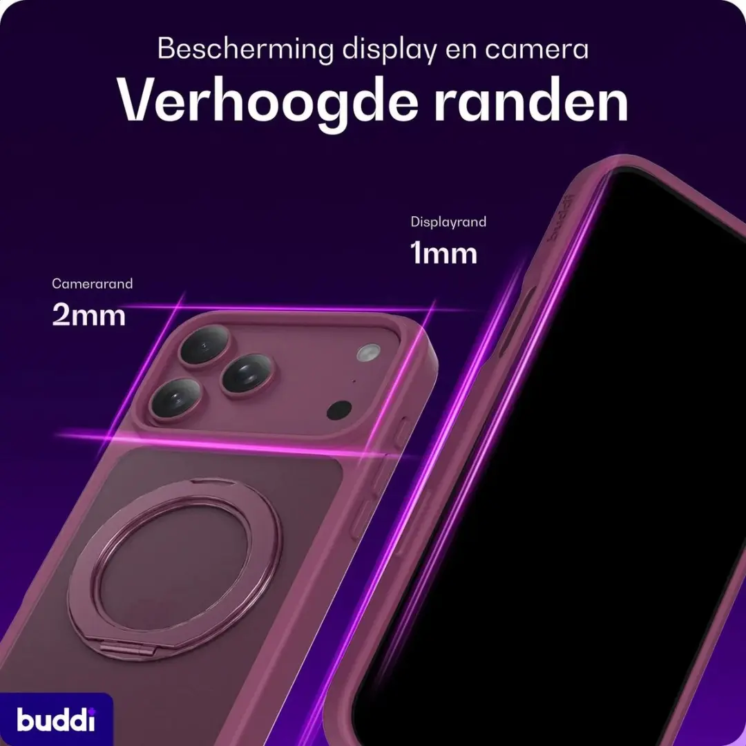 Buddi Frost Hoesje iPhone 18 Pro - Burgundy - MagSafe - 360° Stand