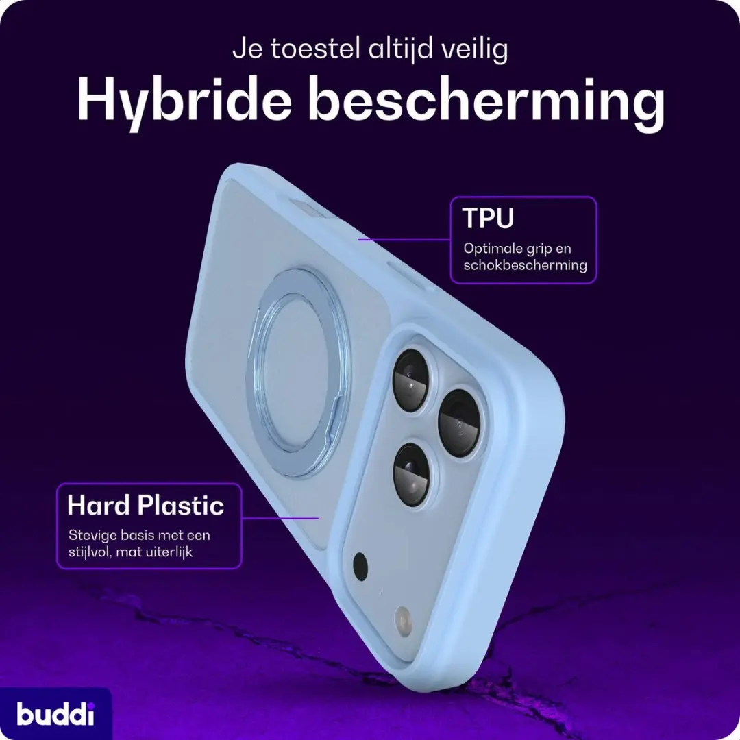 Buddi Frost Hoesje iPhone 18 Pro - Licht Blauw - MagSafe - 360° Draaibare Stand