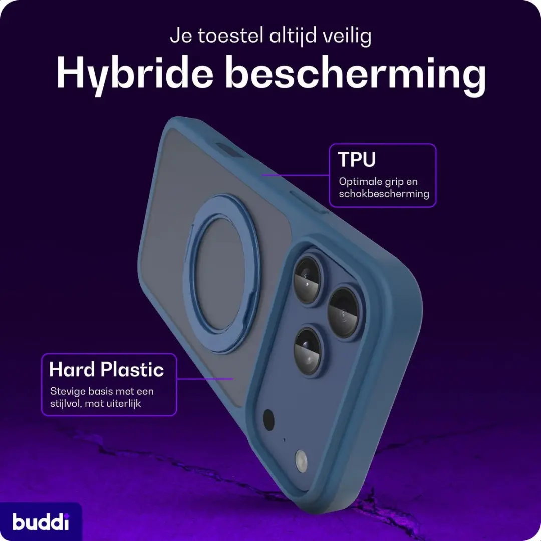 Buddi Frost Hoesje iPhone 18 Pro Max - Donkerblauw - MagSafe - 360° Stand