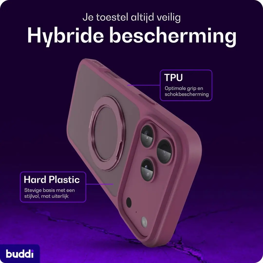 Buddi Frost Hoesje iPhone 18 Pro Max - Mat Burgundy - MagSafe - 360° Standaard