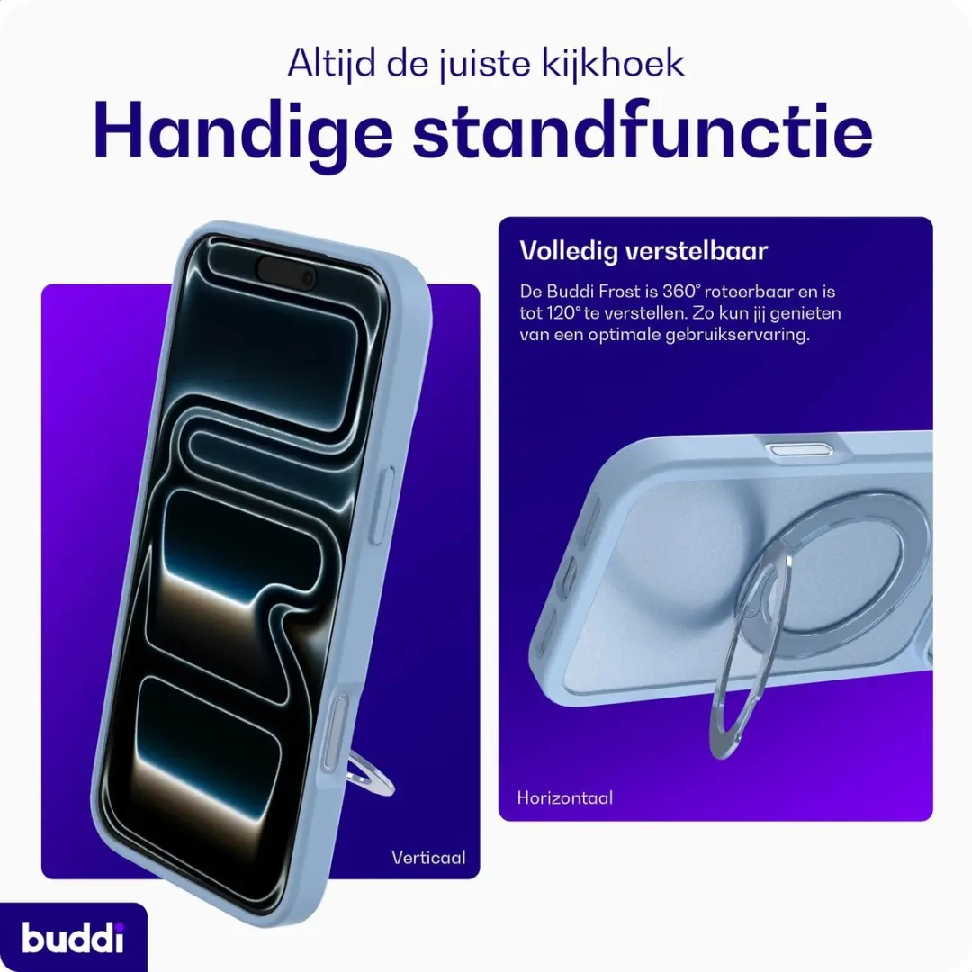 Buddi Frost Hoesje iPhone 18 Pro Max - Licht Blauw - MagSafe - 360° Standaard