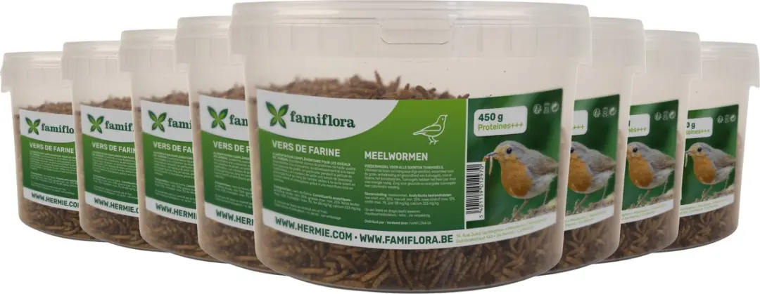 Famiflora gedroogde meelwormen 3,6KG = 8x ± 2,7L in hersluitbare emmer - voor tuinvogels - Aanvullend diervoeder voor tuinvogels