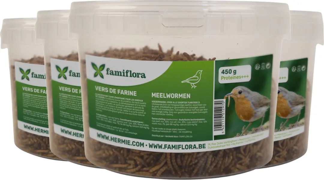 Famiflora gedroogde meelwormen 1,8KG = 4x ± 2,7L in hersluitbare emmer - voor tuinvogels - Aanvullend diervoeder voor tuinvogels