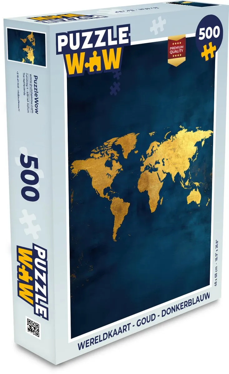 PuzzleWow Wereldkaart Legpuzzel 500 Stuks - Goud/Donkerblauw