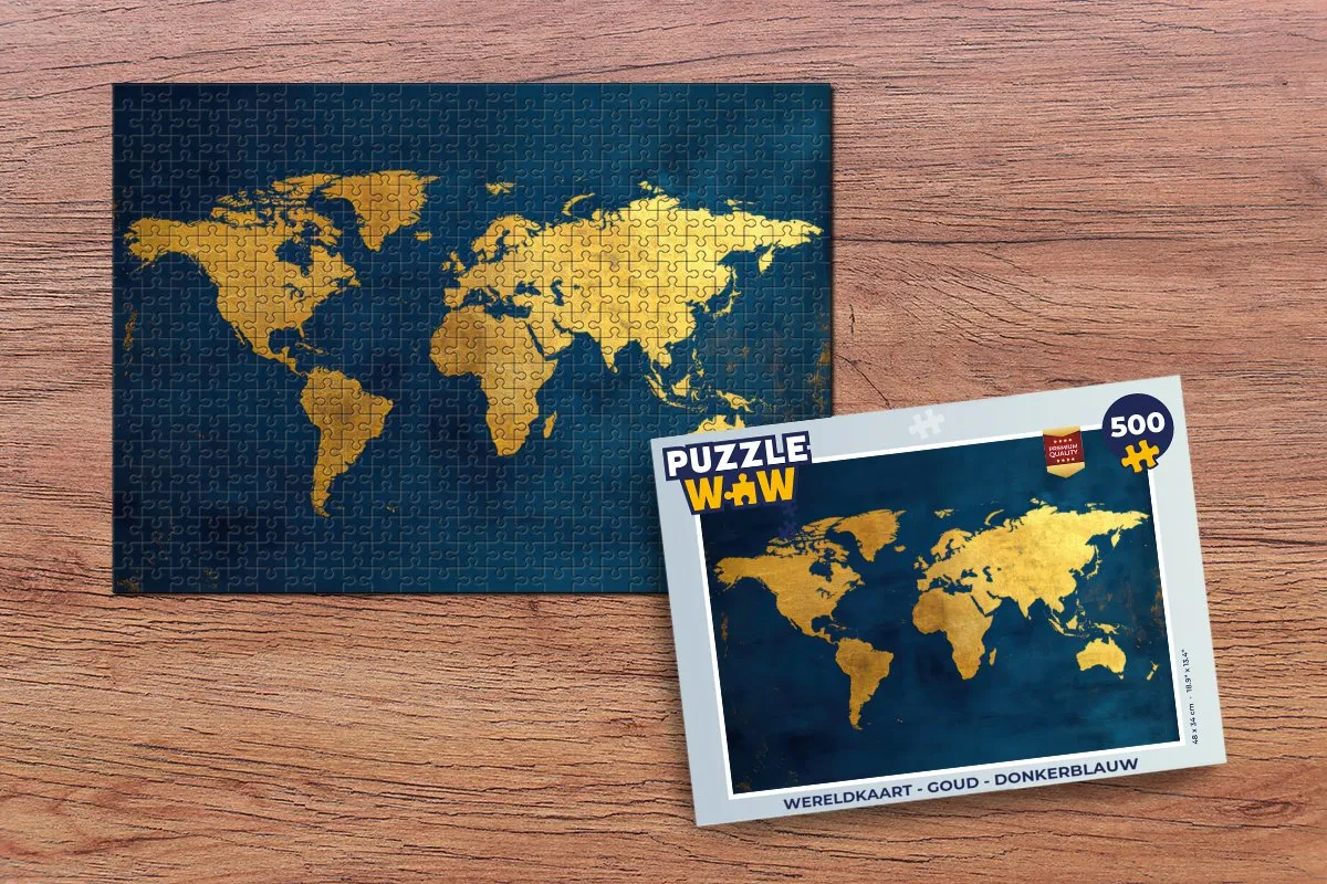 PuzzleWow Wereldkaart Legpuzzel 500 Stuks - Goud/Donkerblauw