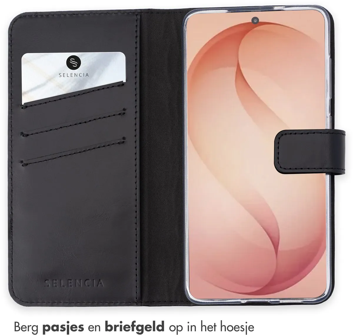 Selencia Hoesje Samsung Galaxy S26 Plus - Echt Lederen Bookcase 3 Stuks - Zwart