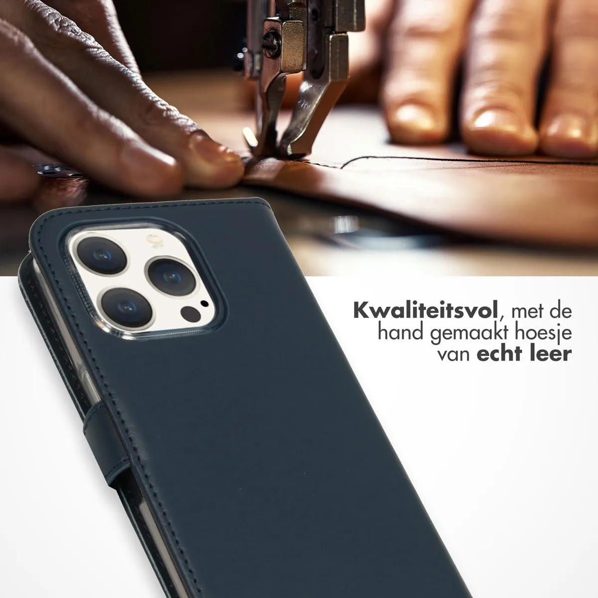 Selencia Hoesje iPhone 15 Pro - Echt Lederen Bookcase - Blauw - 3 Pasjes