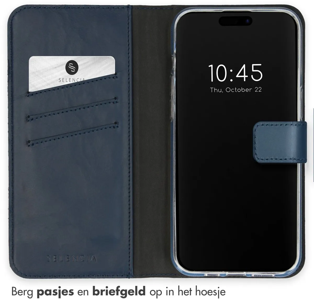 Selencia Hoesje iPhone 15 Pro - Echt Lederen Bookcase - Blauw - 3 Pasjes