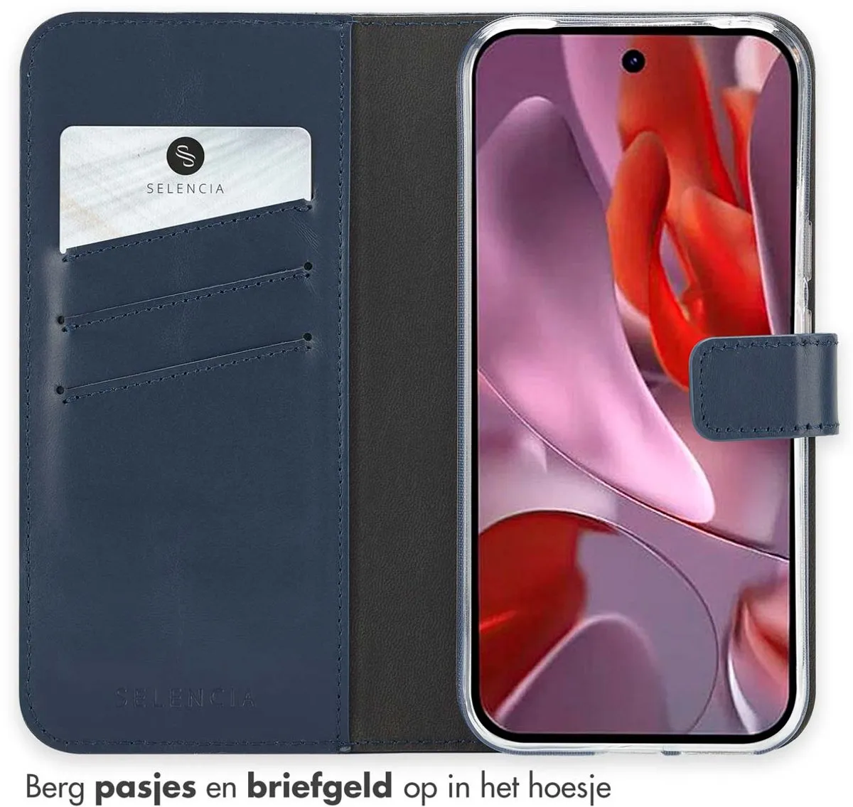 Selencia Hoesje Google Pixel 9a - Echt Lederen Bookcase 3 Stuks - Blauw