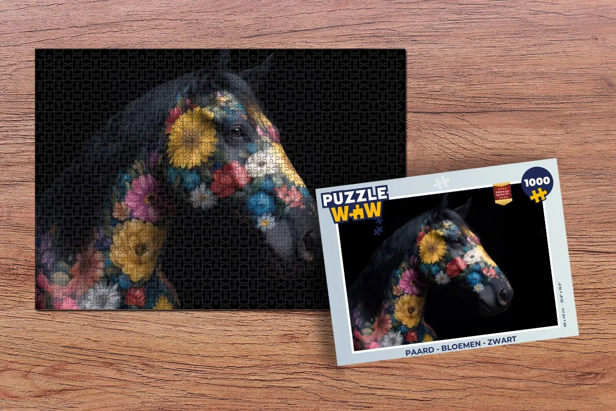 PuzzleWow Paard - Bloemen Legpuzzel 1000 Stuks - Zwart