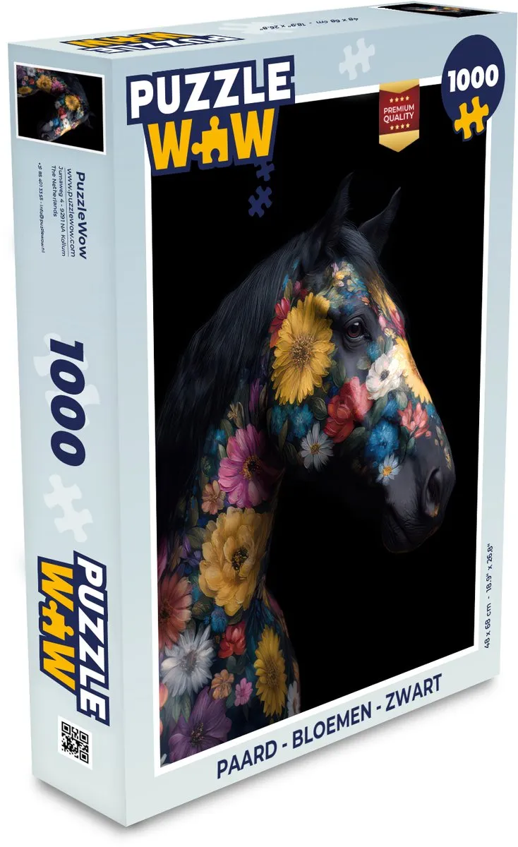 PuzzleWow Paard - Bloemen Legpuzzel 1000 Stuks - Zwart