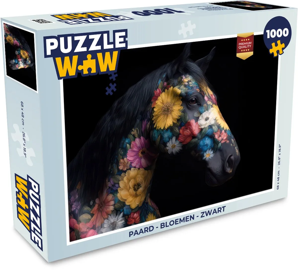 PuzzleWow Paard - Bloemen Legpuzzel 1000 Stuks - Zwart