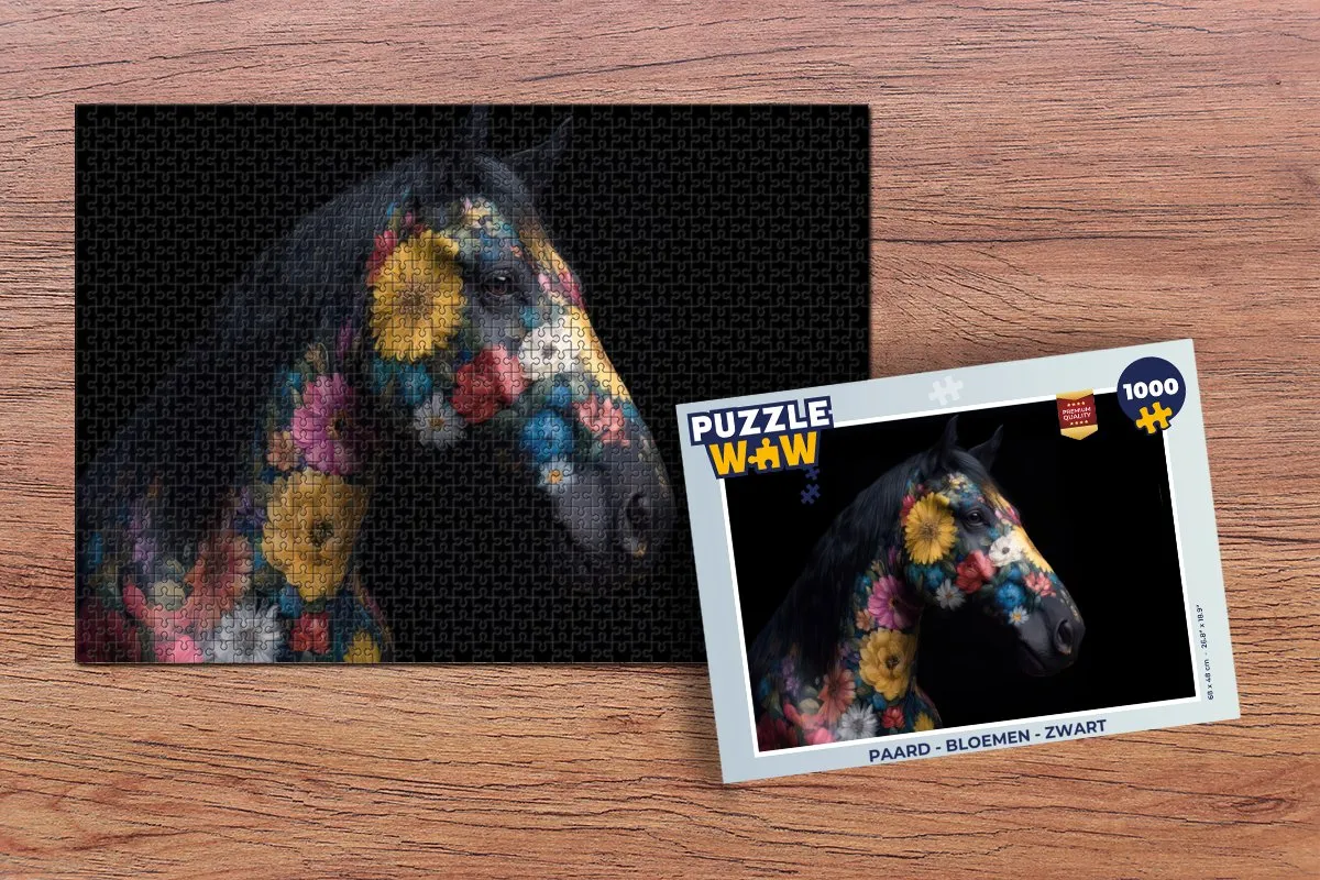 PuzzleWow Paard - Bloemen Legpuzzel 1000 Stuks - Zwart