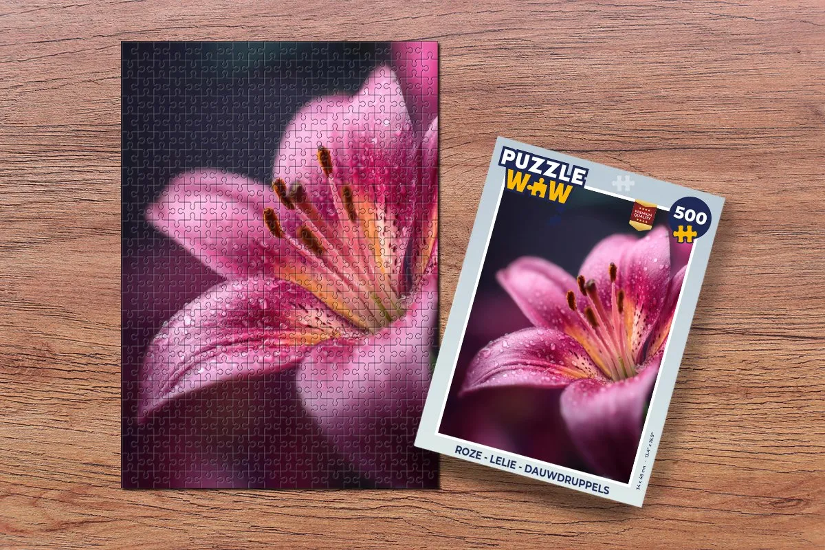 PuzzleWow Legpuzzel 500 Stuks - Roze Lelie Dauwdruppels