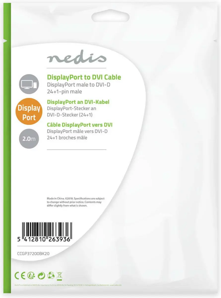Nedis DisplayPort-Kabel CCGL37200BK20 - DVI-D 24+1-Pins - 2m - Zwart - afbeelding 6 van 6