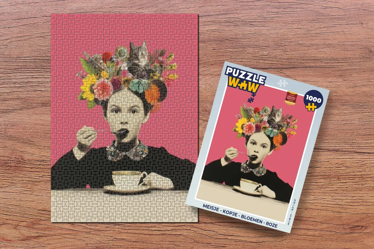PuzzleWow Meisje Bloemen Kopje Puzzle 1000 Stuks - Roze