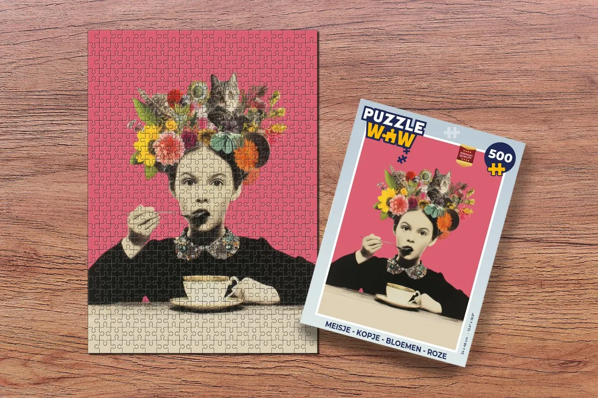 PuzzleWow Meisje Bloemen Kopje Puzzle 1000 Stuks - Roze
