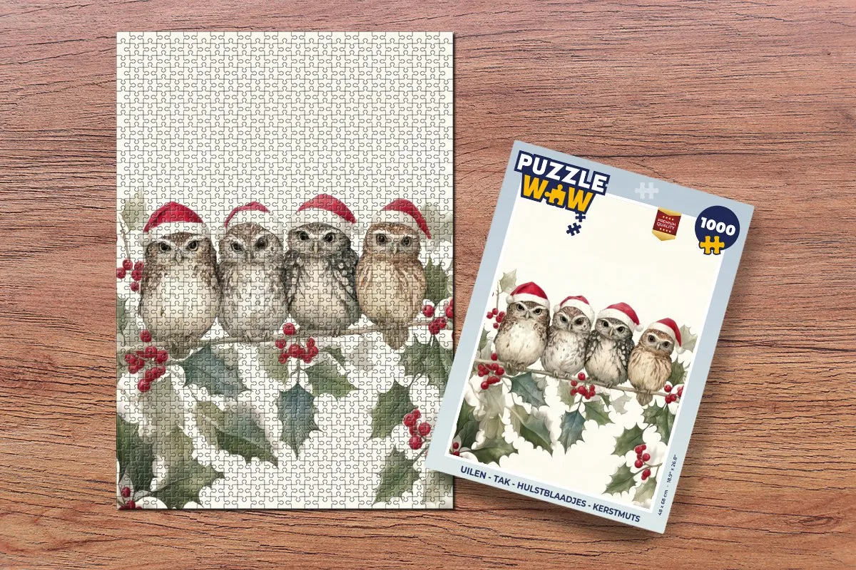 PuzzleWow Uilen Kerstpuzzel 500 Stuks - Tak Hulstblaadjes Kerstmuts