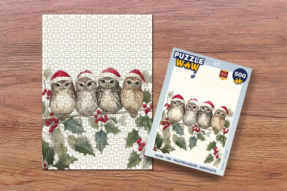 PuzzleWow Uilen Kerstpuzzel 500 Stuks - Tak Hulstblaadjes Kerstmuts