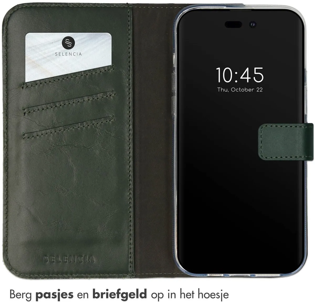 Selencia Hoesje iPhone 14 Pro Max - Groen Lederen Bookcase