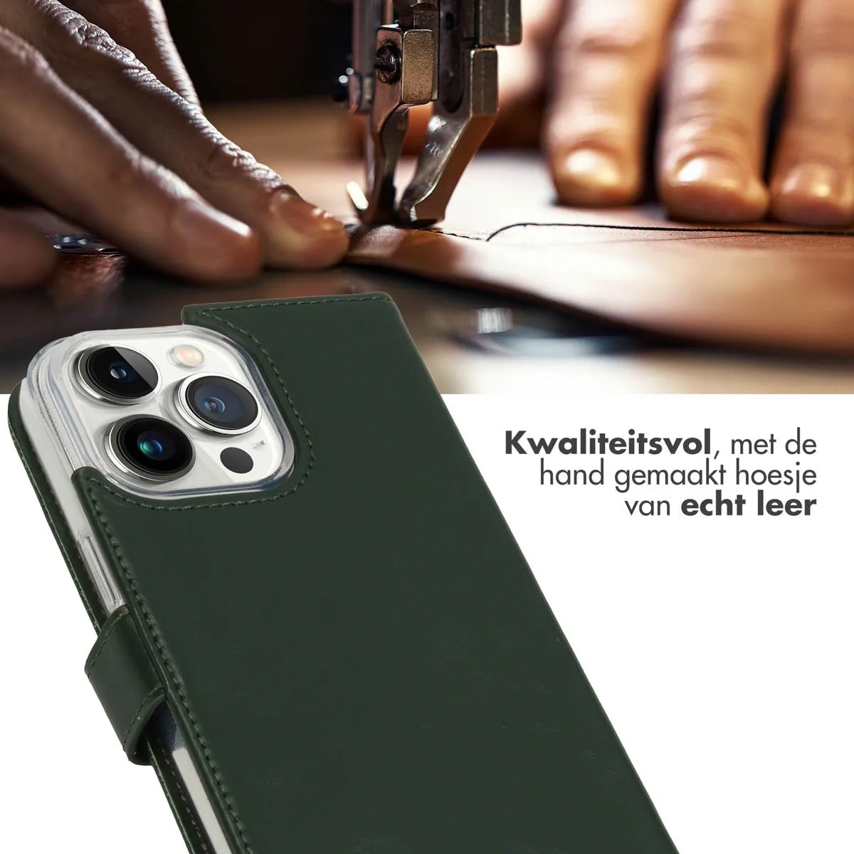 Selencia Hoesje iPhone 14 Pro Max - Groen Lederen Bookcase