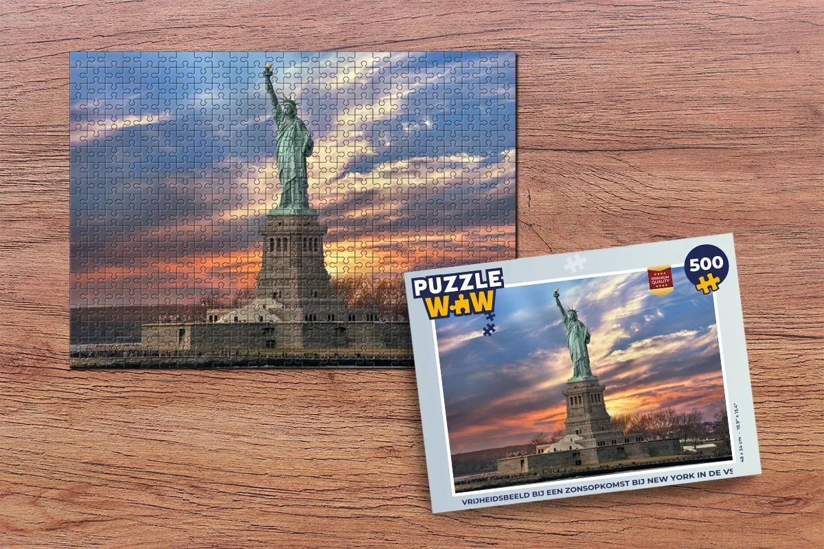 PuzzleWow Legpuzzel Vrijheidsbeeld Zonsopgang New York 500 Stuks - Multicolor