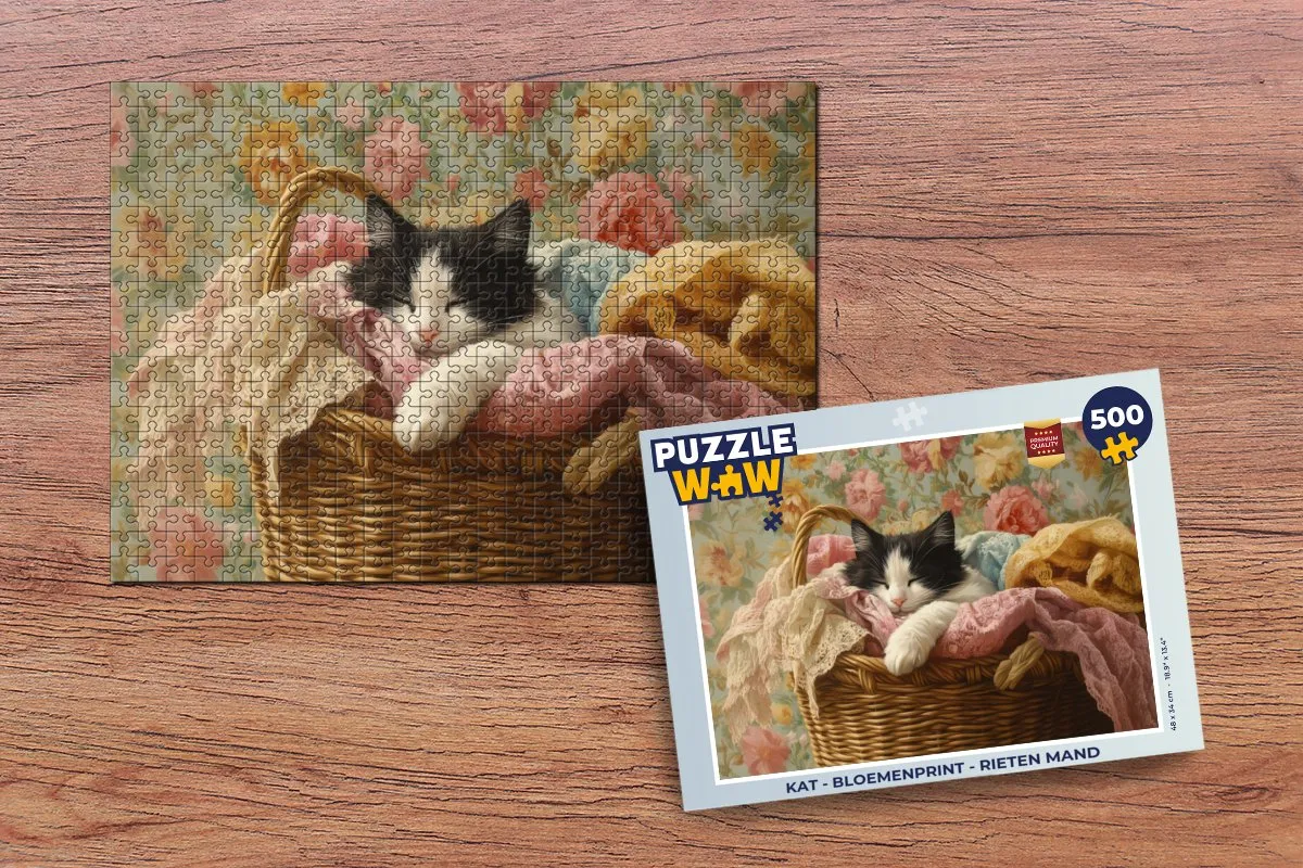 PuzzleWow Kat Bloemenprint Legpuzzel 500 Stuks - Rieten Mand