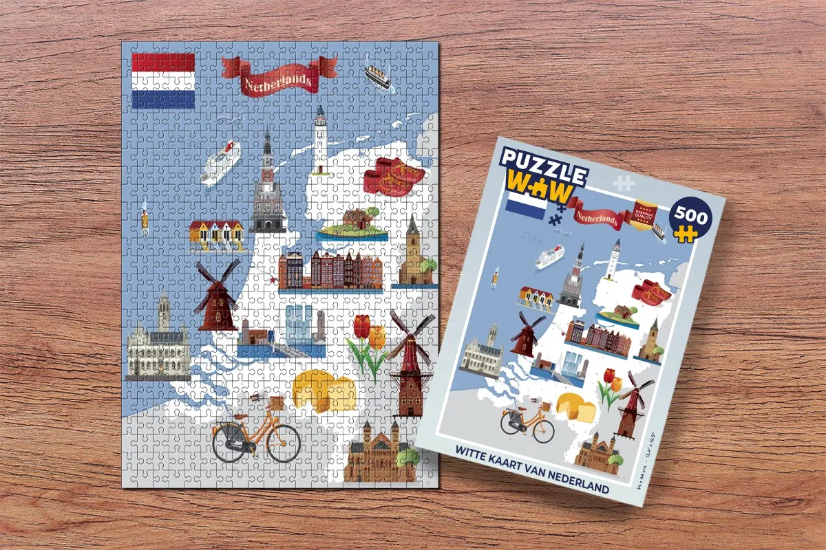 PuzzleWow Witte kaart van Nederland Legpuzzel 500 Stuks - Multicolor