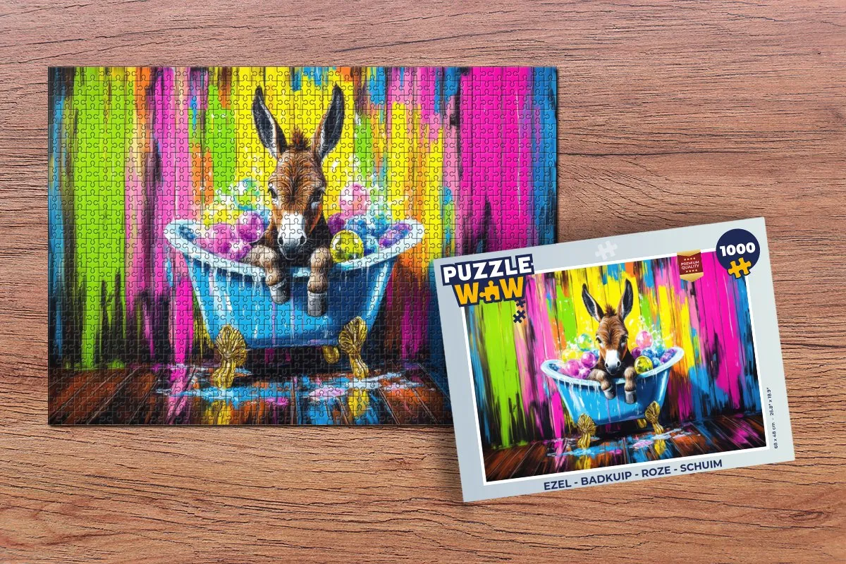 PuzzleWow Puzzel Ezel Badkuip Legpuzzel 1000 Stuks - Roze