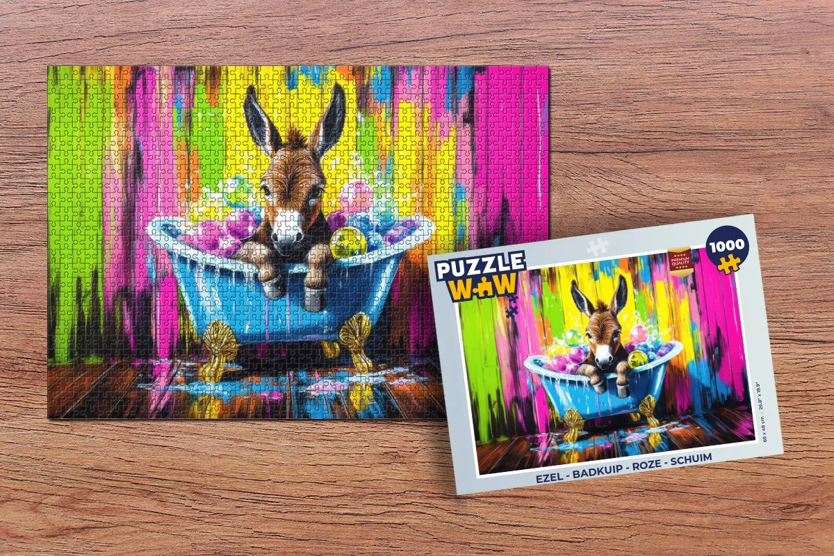PuzzleWow Puzzel Ezel Badkuip Legpuzzel 1000 Stuks - Roze