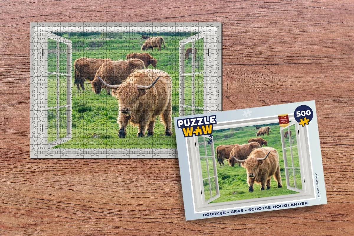 PuzzleWow Doorkijk Gras Schotse Hooglander Legpuzzel 500 Stuks - Multicolor