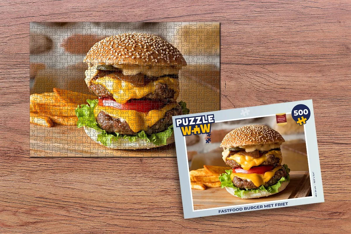PuzzleWow Fastfood Burger met Friet Legpuzzel 500 Stuks - Multicolor