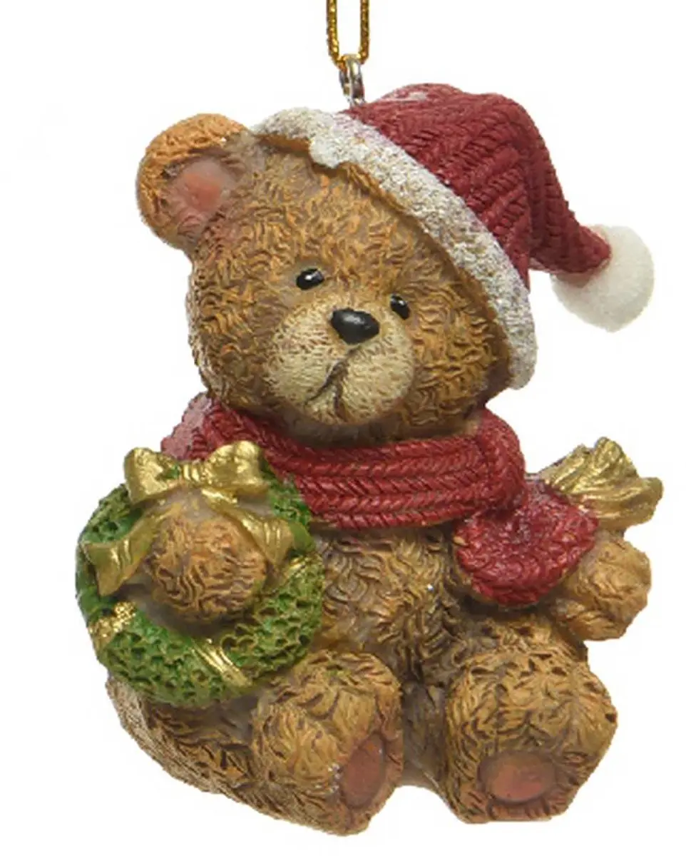 Kaemingk Kersthanger teddybeer bruin met groene krans 4.4 cm