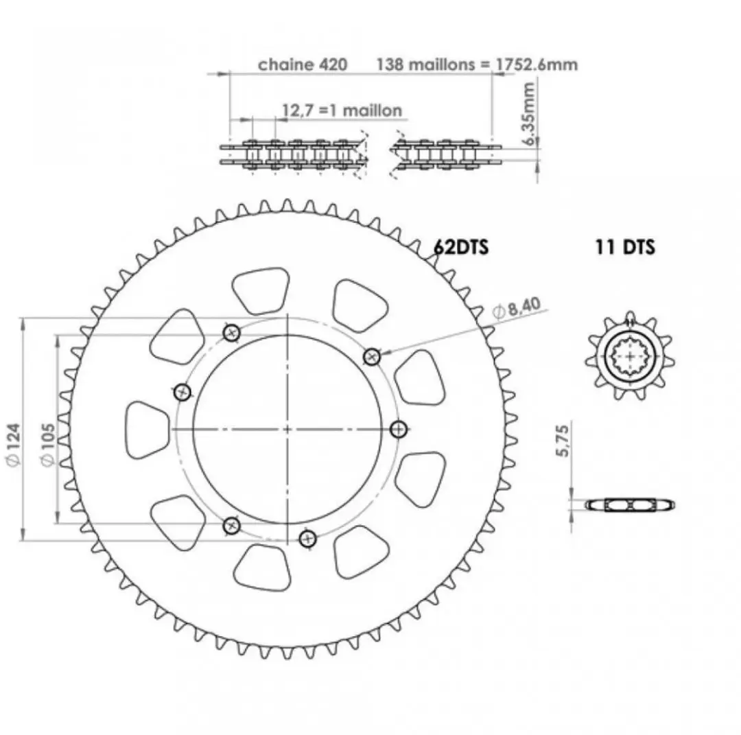 Kit chaîne Afam pour Moto Rieju 50 MRT SM 2017 à 2021 11x62 Pas 420 Alésage 1