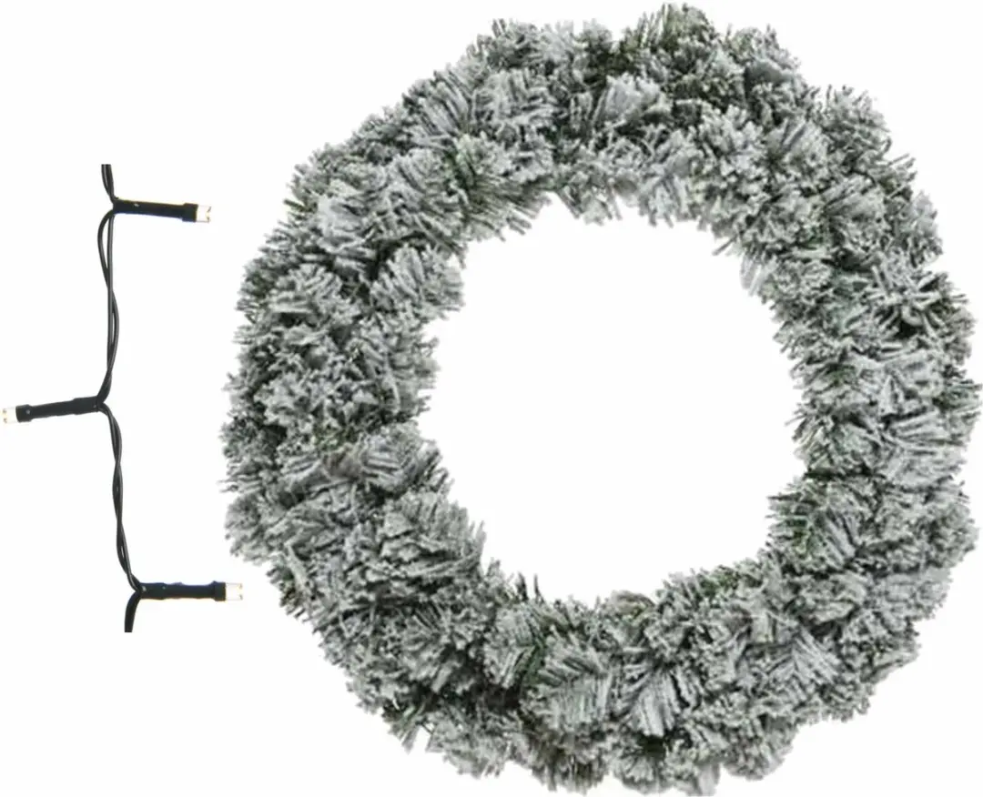 Besneeuwde kerstkrans/dennenkrans/deurkrans 60 cm inclusief warm witte verlichti