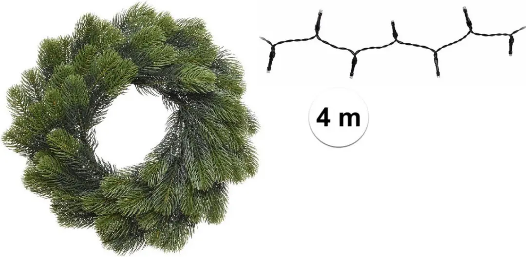 Groene kerstkrans/dennenkrans/deurkrans 50 cm inclusief helder witte verlichting