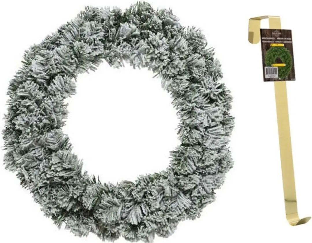 Groen/witte kerstkrans 40 cm Imperial met kunstsneeuw en met gouden hanger