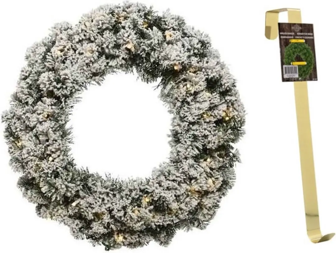 Groen/witte led kerstkrans 50 cm Imperial met kunstsneeuw en met gouden hanger