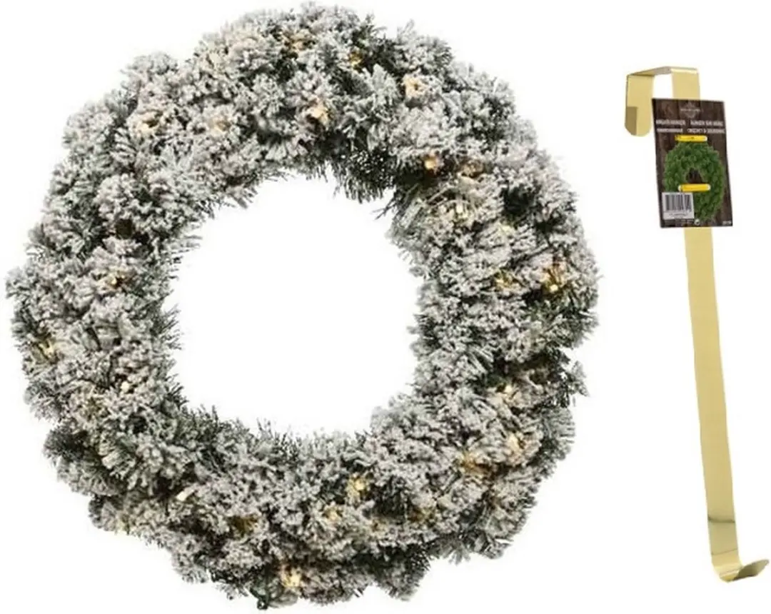 Groen/witte led kerstkrans 60 cm Imperial met kunstsneeuw en met gouden hanger