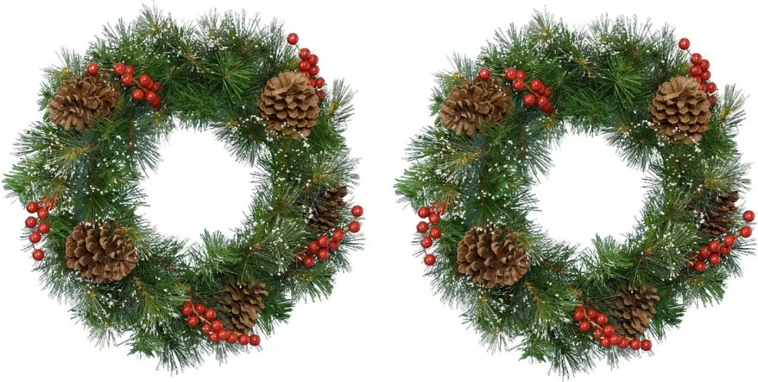 2x stuks kerstkransen/dennenkransen groen met sneeuw en versiering 50 cm