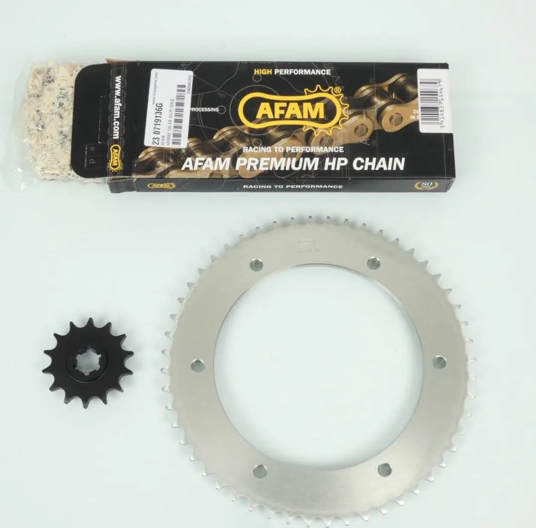 Kit chaîne Afam pour moto Hyosung 125 Aquila 2003 à 2015 14x52 Pas 428 Al 164m
