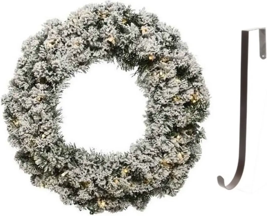 Groen/witte led kerstkrans 50 cm Imperial kunstsneeuw met ijzeren hanger