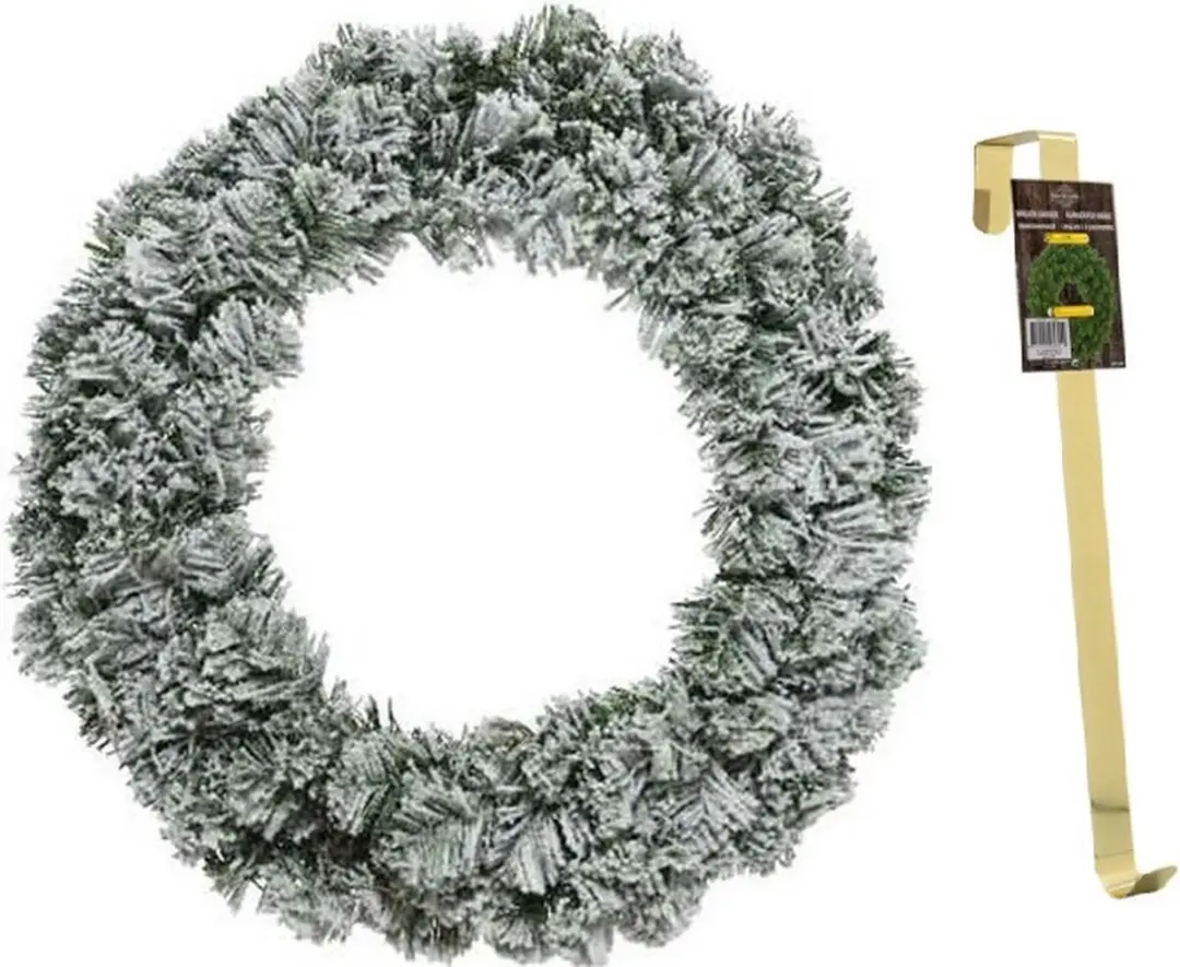 Groen/witte kerstkrans 60 cm Imperial met kunstsneeuw en met gouden hanger