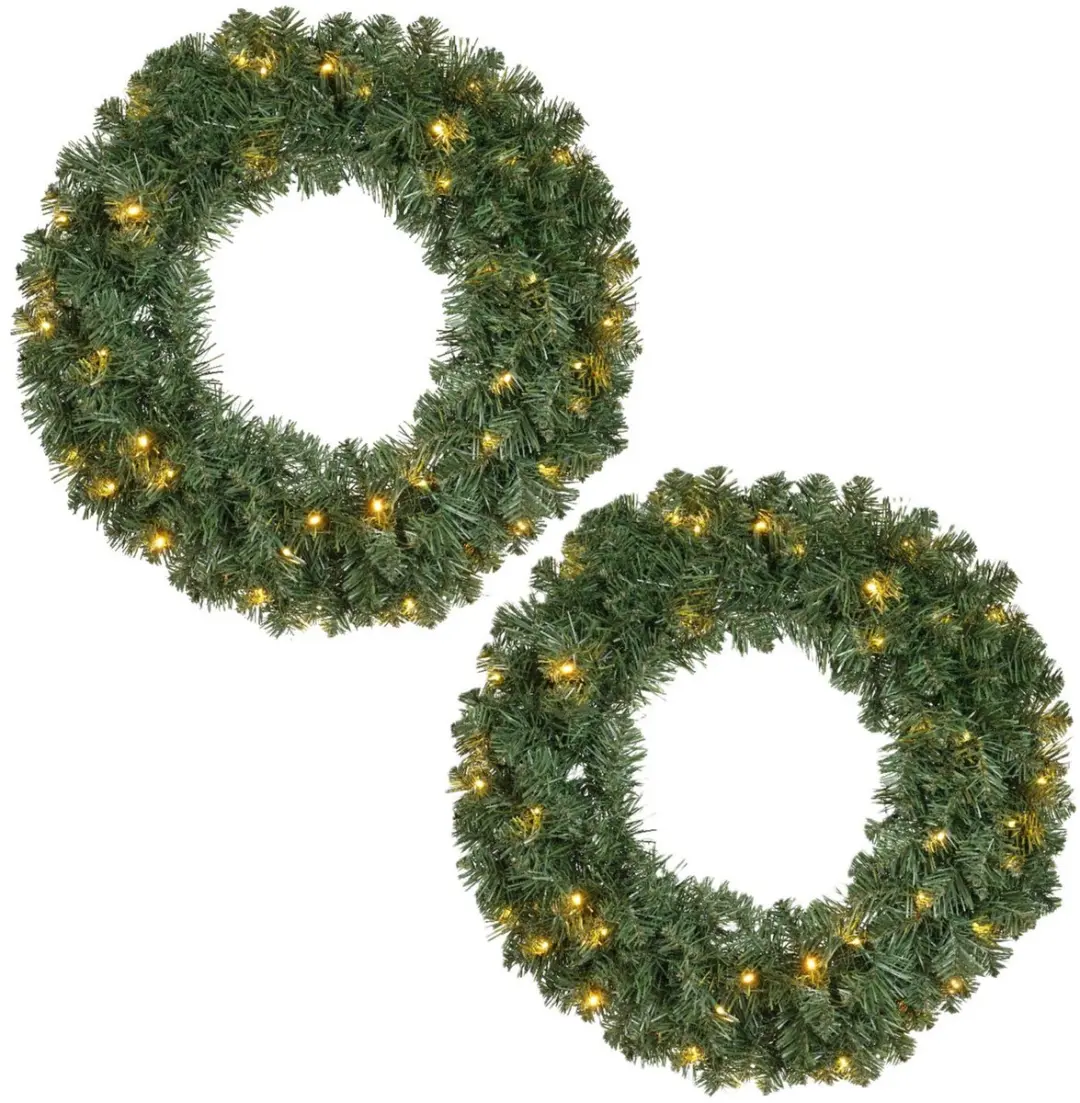Kerstkrans/dennenkrans groen met warm witte kerstverlichting en timer 60 cm