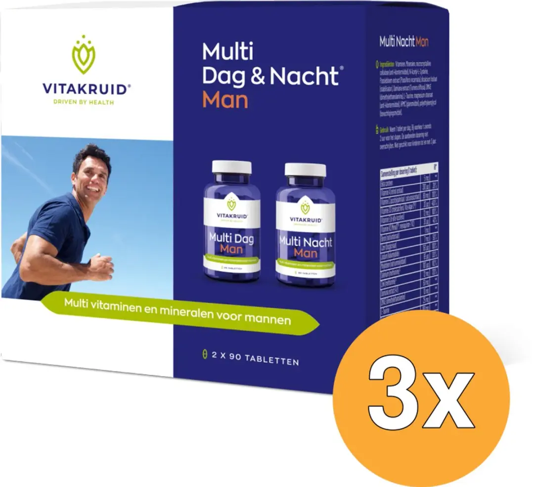 3x Vitakruid Multi Dag & Nacht Man 100% Vegan (2 x 90 tabletten)