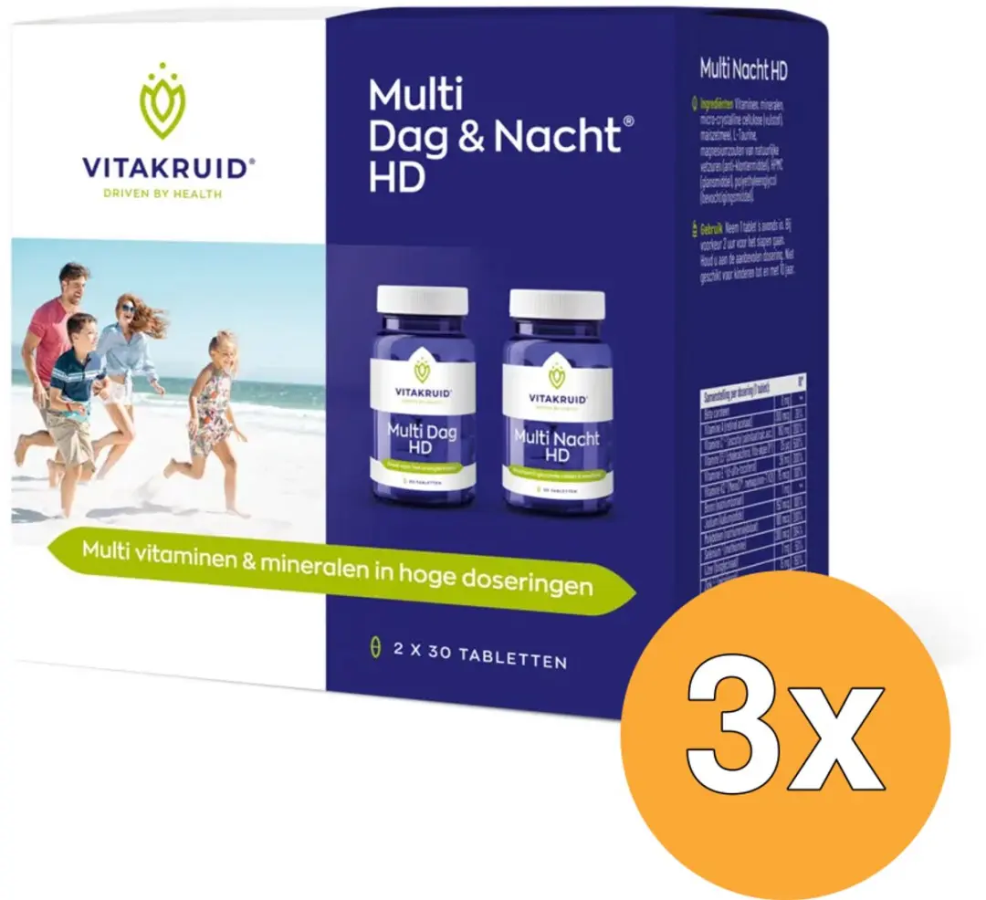 3x Vitakruid Multi Dag & Nacht HD 100% Vegan (2 x 30 tabletten)