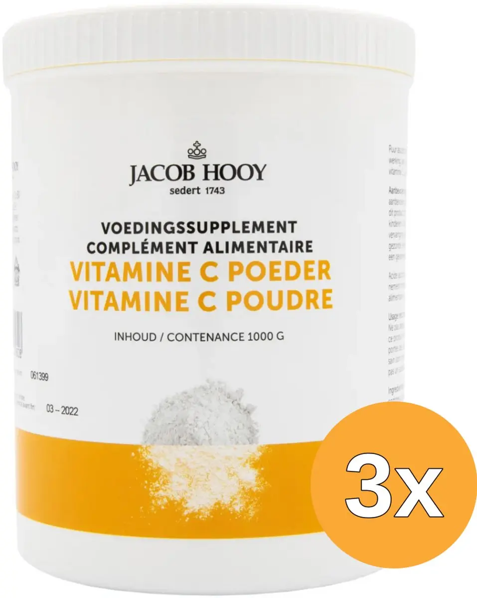 3x Jacob Hooy Vitamine C Ascorbinezuur pot (1000 gr)