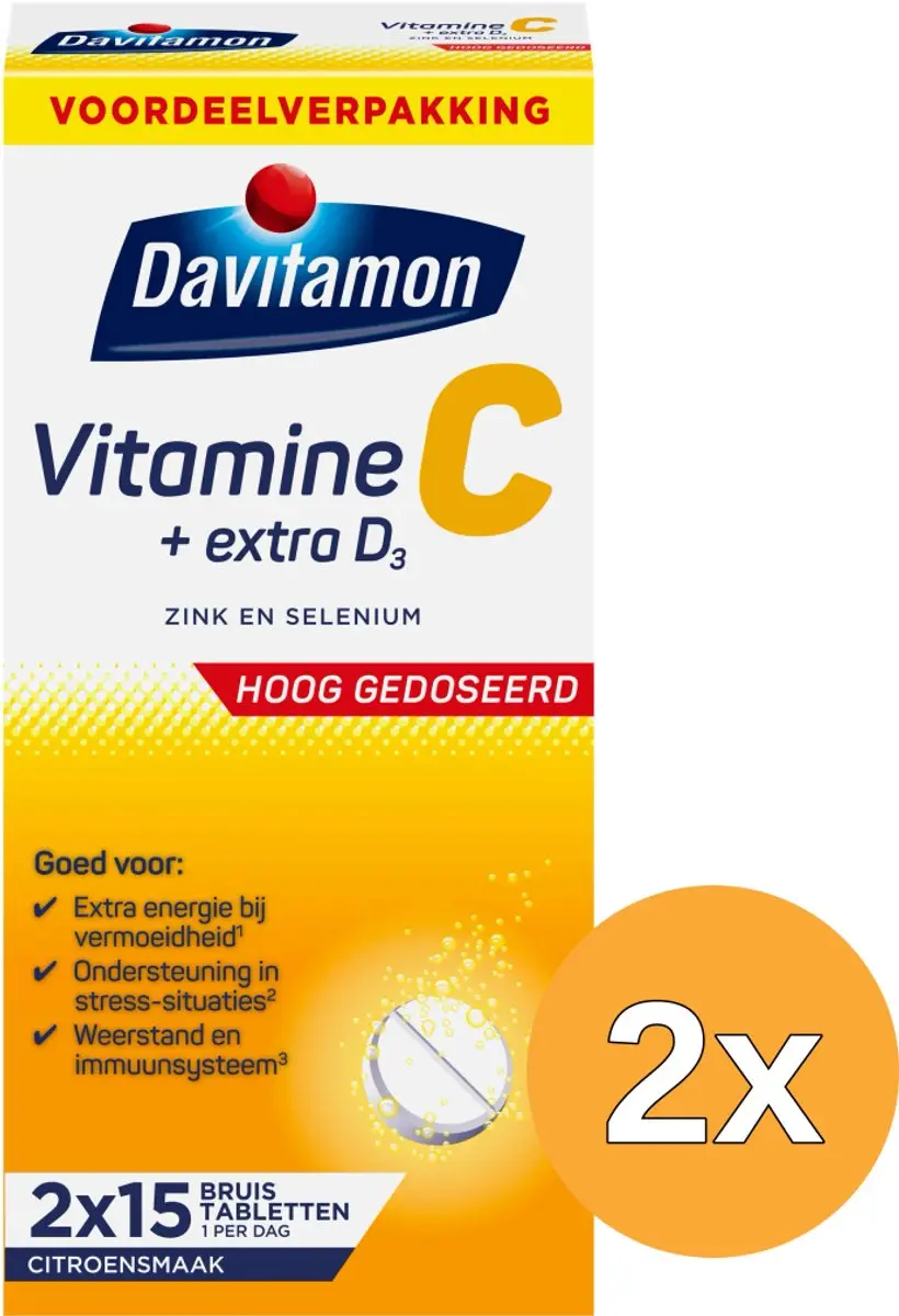 2x Davitamon Vitamine C + Extra D3 Bruistabletten Citroensmaak (30 tabletten)