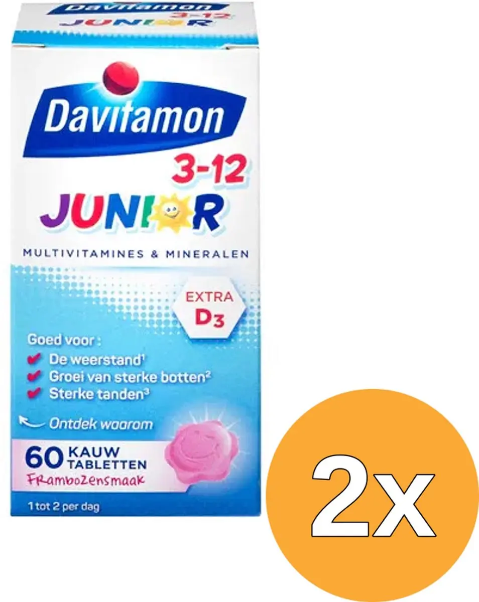 2x Davitamon Junior 3+ framboos (60 kauwtabletten)