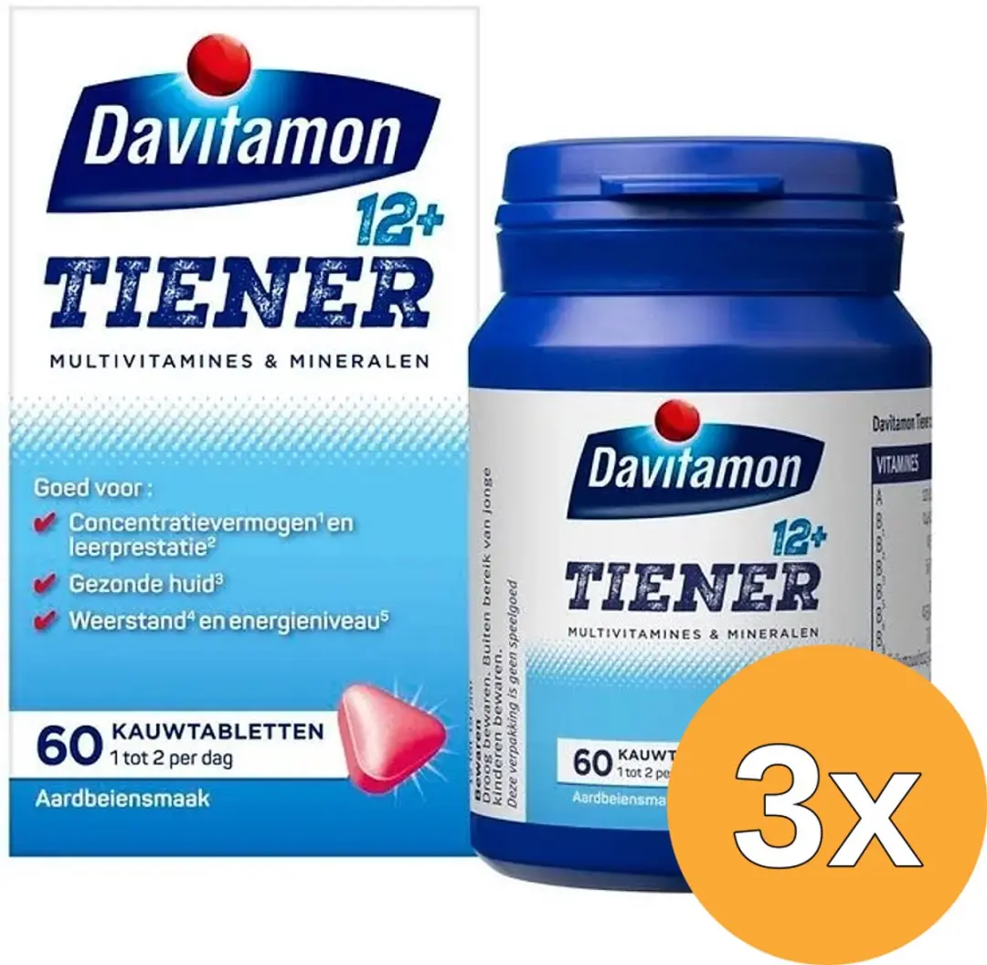 3x Davitamon Tiener 12+ aardbei (60 kauwtabletten)
